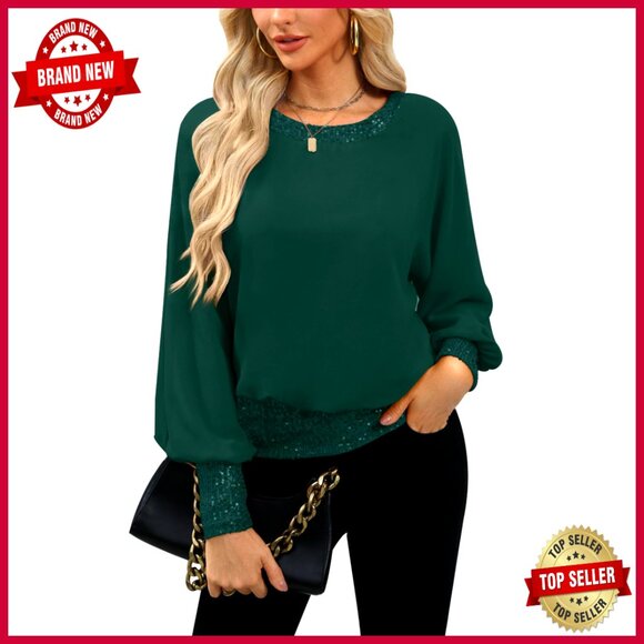 Sequin Formal Chiffon Blouse Long Sleeve Elegant Dressy Top Y2K Chic